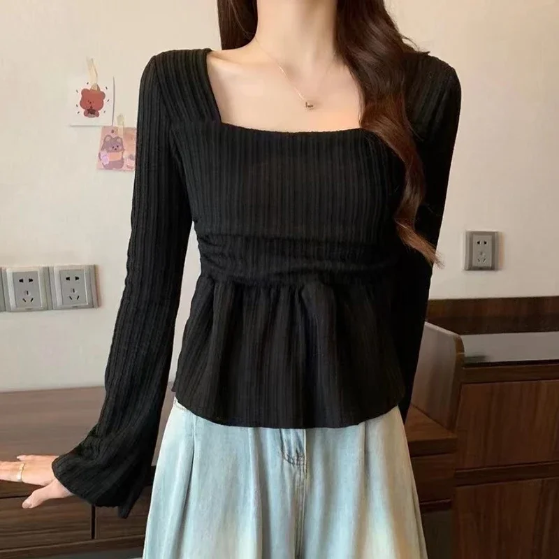 Long-sleeve T-shirts Women Square Neck Slim Basic Short Flare-sleeves Elegant Leisure Hot Sweet Girls Korean-style All-match