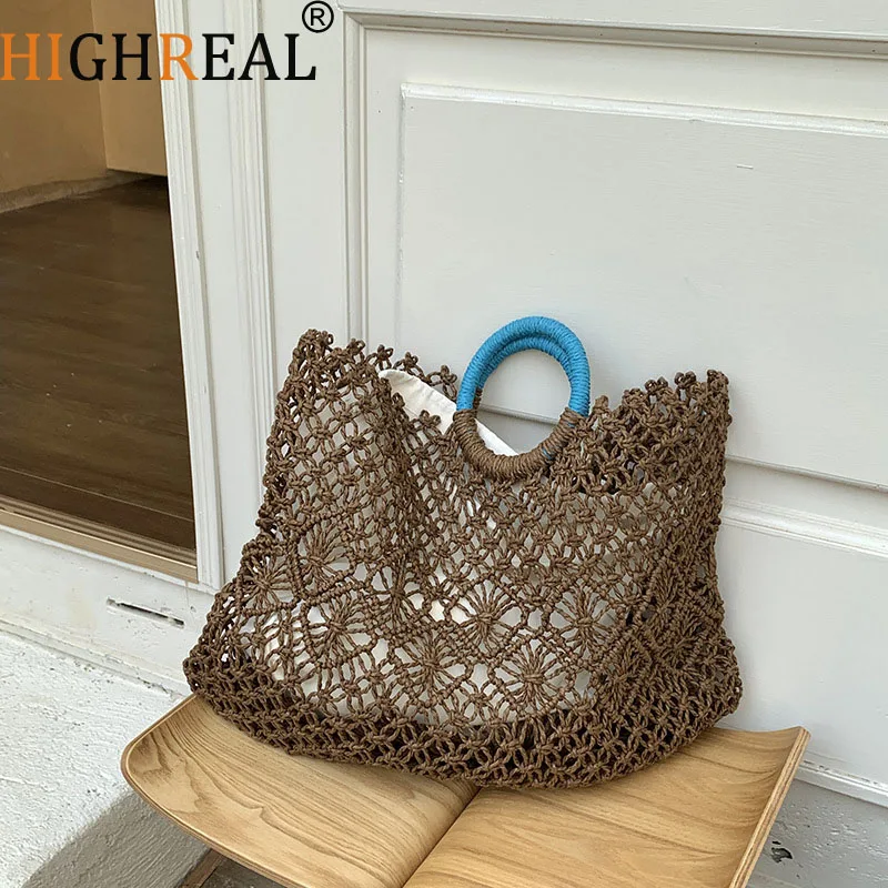 

Summer Hollow Straw Beach Bag Handmade Woven Shoulder Bag Raffia Rattan Shopping Travel Bag Bohemian Braided Handbag Casual Tote