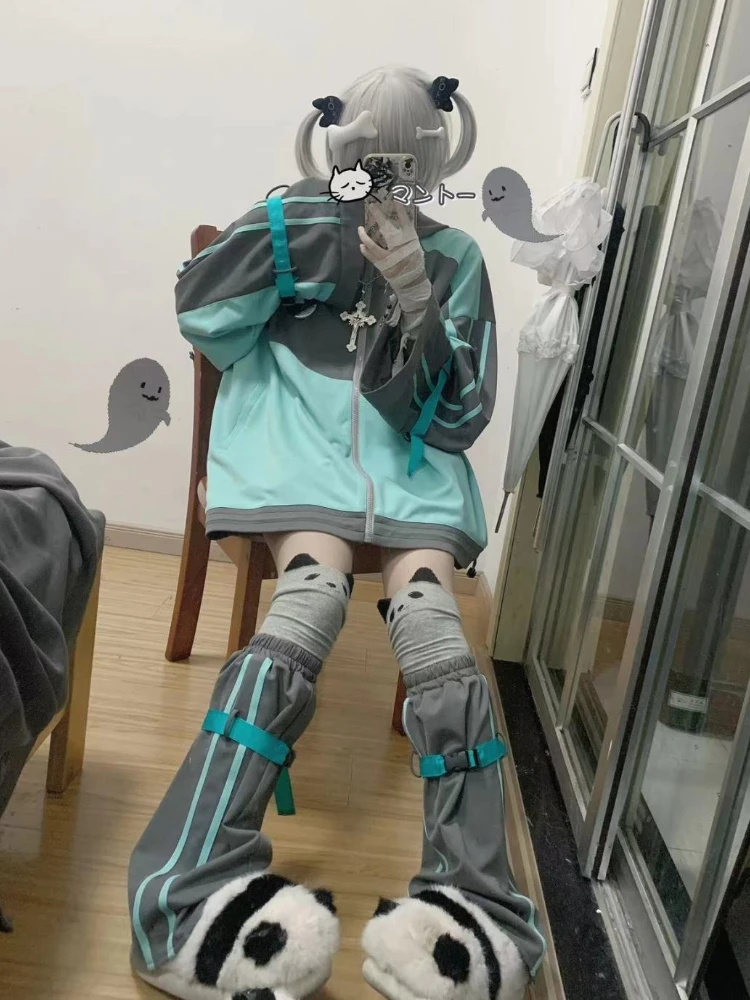 Japanese Sweet Y2k Women Kawaii Coat Hooded Sweatshirt Lolita Autumn Aesthetics Patchwork Zip Harajuku Gothic Streetwear Jacket