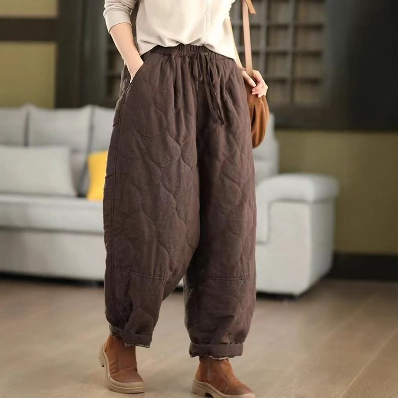 

Толстые теплые шаровары, женское новое поступление, зима 2025 года, винтажный стиль, однотонные свободные женские хлопковые и льняные повседневные брюки M2070