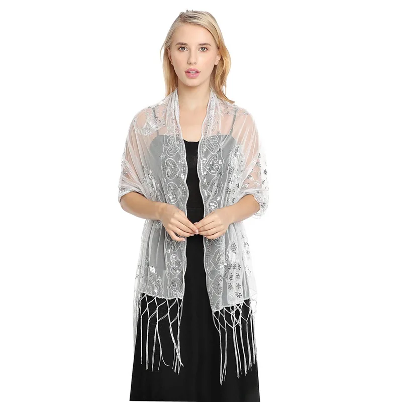 

Spring Autumn Sequin Shawl Peacock Embroidery Tassel Shawl Party Evening Dress Shawl Cloak Ponchos Capes White