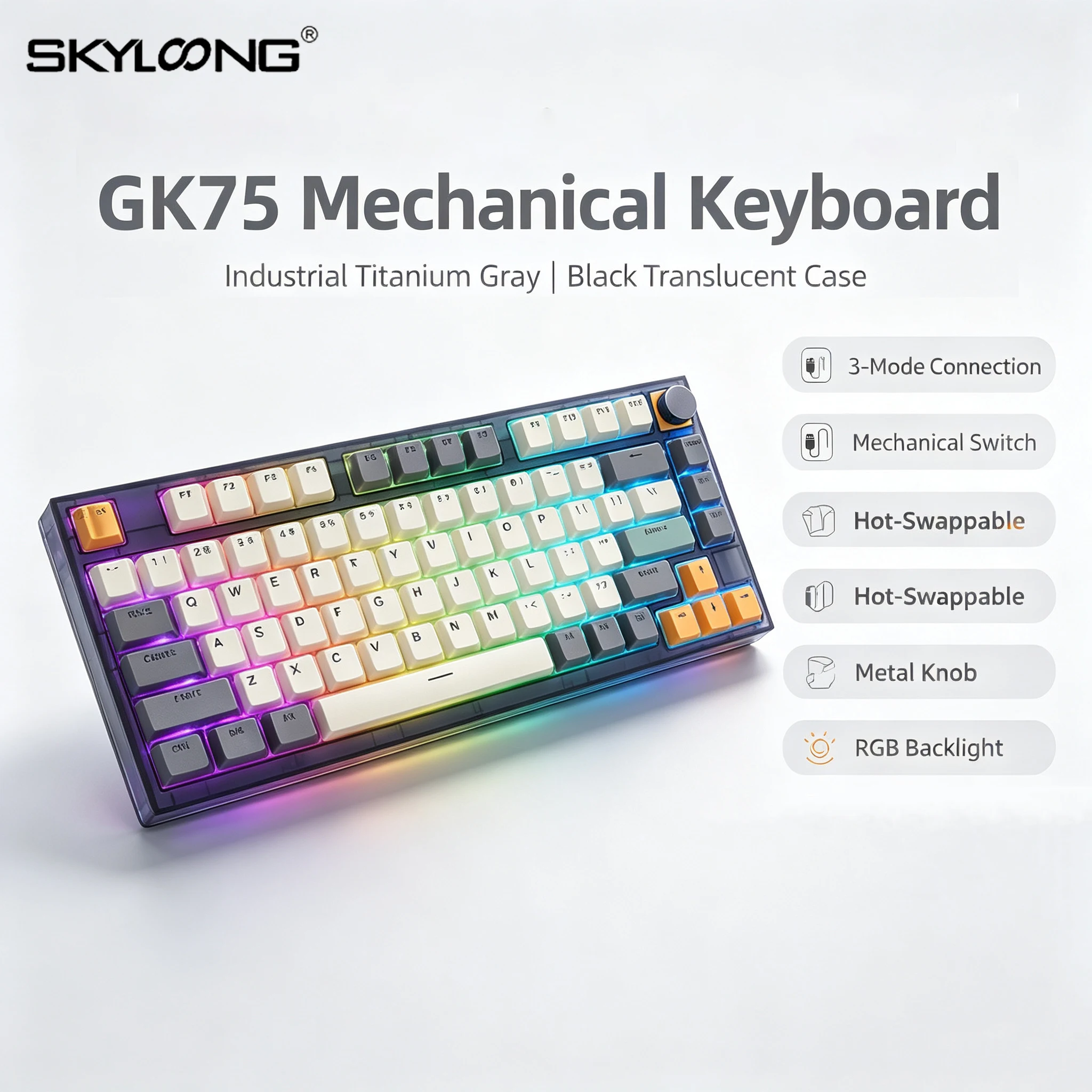 SKYLOONG GK75 3-Modes Wireless Mechanical Game Keyboard RGB Backlight PBT Keycap 75% Layout Custom Metal Knob keyboard for PC
