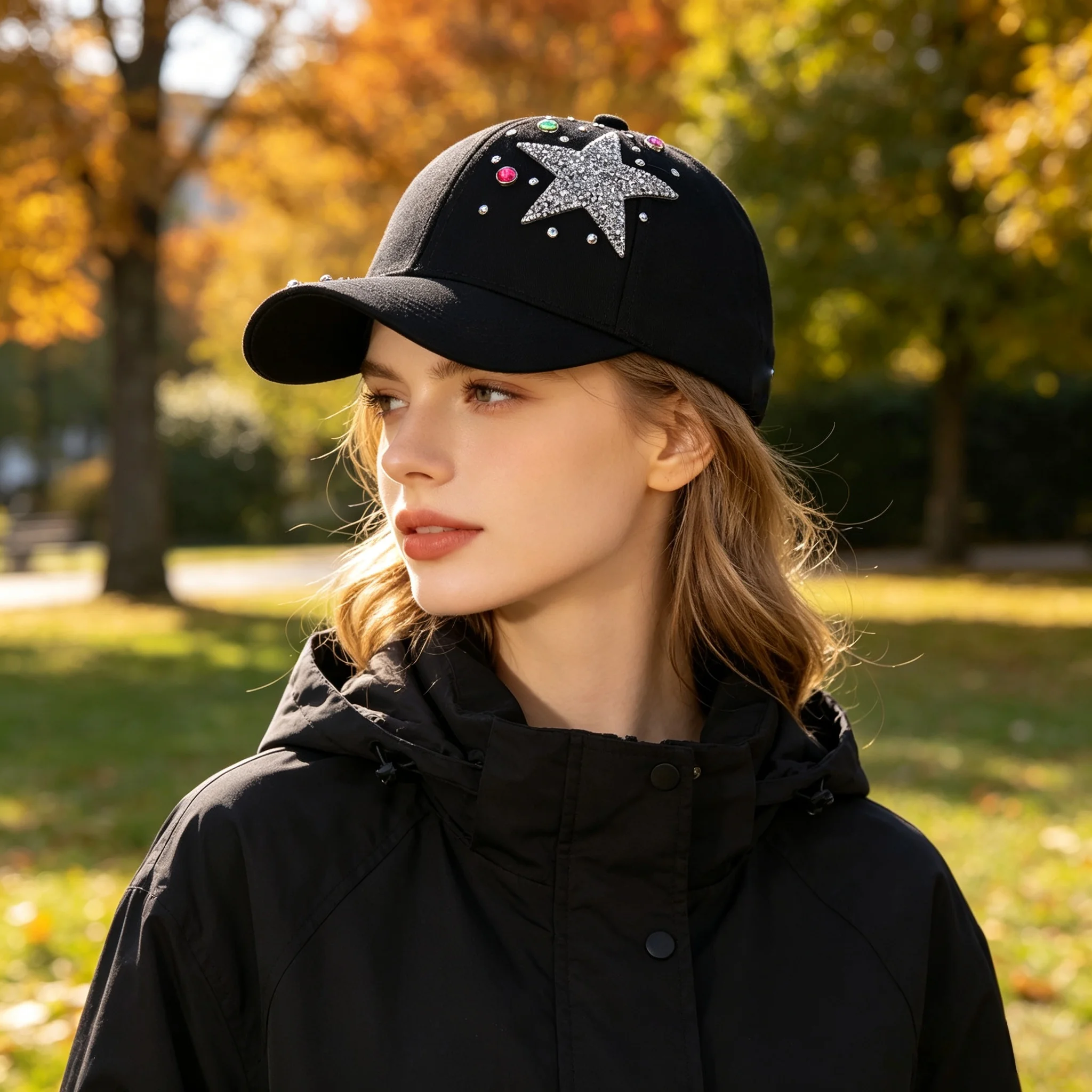 Women's Baseball Cap with Diamond-Encrusted Five-Pointed Star, Colorful Rhinestone Sequin Curved Brim Cap, Spring and Autumn Daily Sunshade Versatile Trendy Street Style Personality Cap with Colorful Diamond Decoration, Outdoor Travel Sun Hat, Available in Four Colors