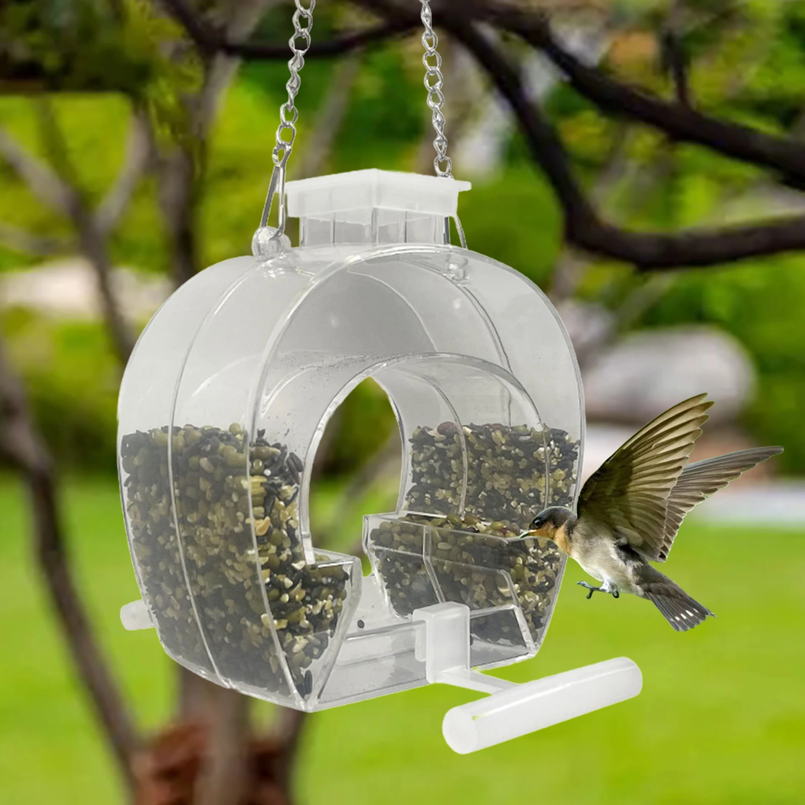 Acrylic Hanging Bird Feeder with Perch Clear with Hanging Chain Birdhouse Food Bowl Bird Feeding for Garden Outdoor Yard Balcony