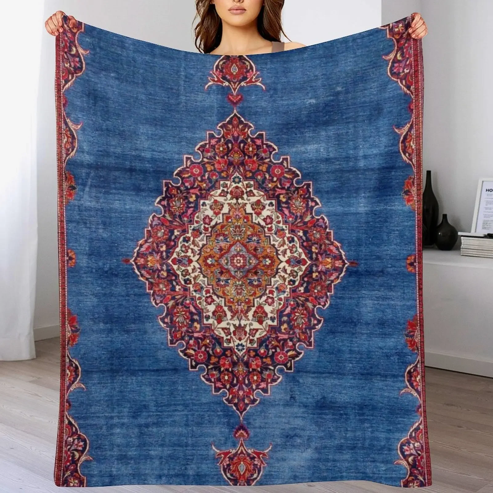 Silk Kashan Central Persian Rug Print Throw Blanket Summer Cool Breathable Blanket for Sleeping