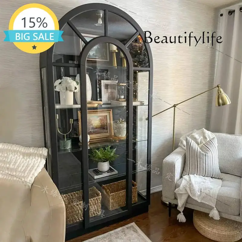 

SS French Retro Solid Wood Wine Cabinet Villa Premium Glass Bookcase Storage Display Cabinet American Light Luxury Arch