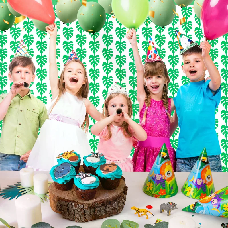 2 Pack Tropical Party Decorations 3.3x6.6ft Green Palm Leaves Photo Booth Prop Summer Jungle Leaf Foil Fringe Curtains For Hawai