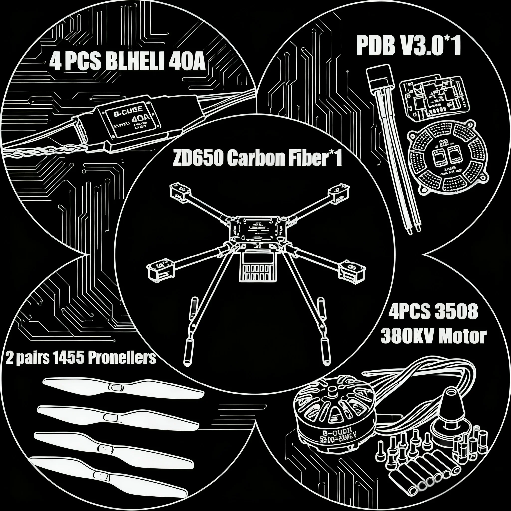 

Angeltoy ZD650 650mm Carbon fiber Quadcopter Frame FPV Quad with Carbon Fiber Landing Skid Motor ESC 40A