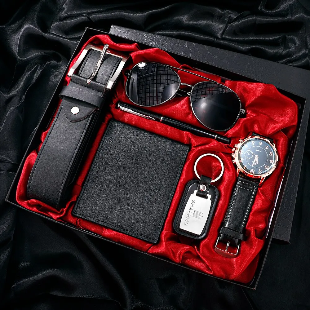 Men Gift Box Watch Business Luxury Company Mens Set Watch Glasses Pen Keychain Belt Purse Welcome Holiday Birthday