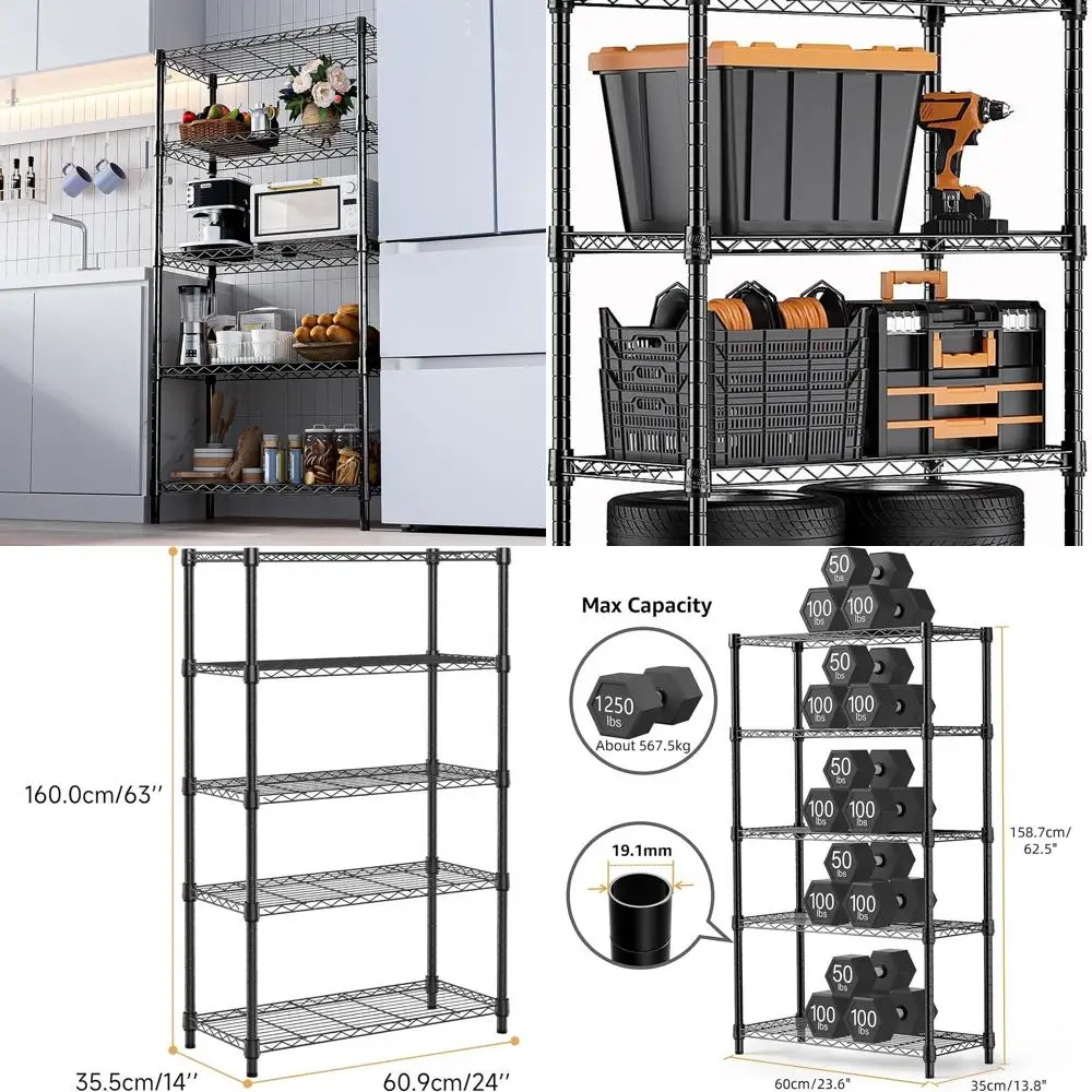 

5-Tier Steel Utility Shelving Unit - 1250 lbs Capacity, 13.7 Deep x 23.6 Wide x 62.4 High for Home, Kitchen, Office Use