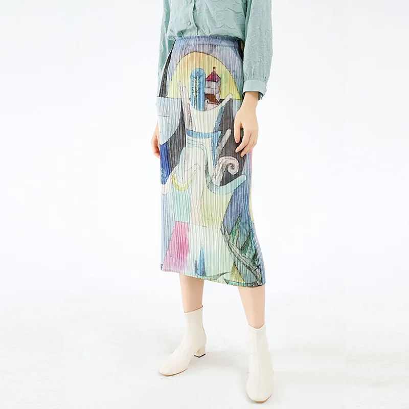 

Miyake Hundred Printed Pleated Loose Large Size Elastic Waist Half-body Skirt 2025 Summer New Fashion Casual Design Skirt