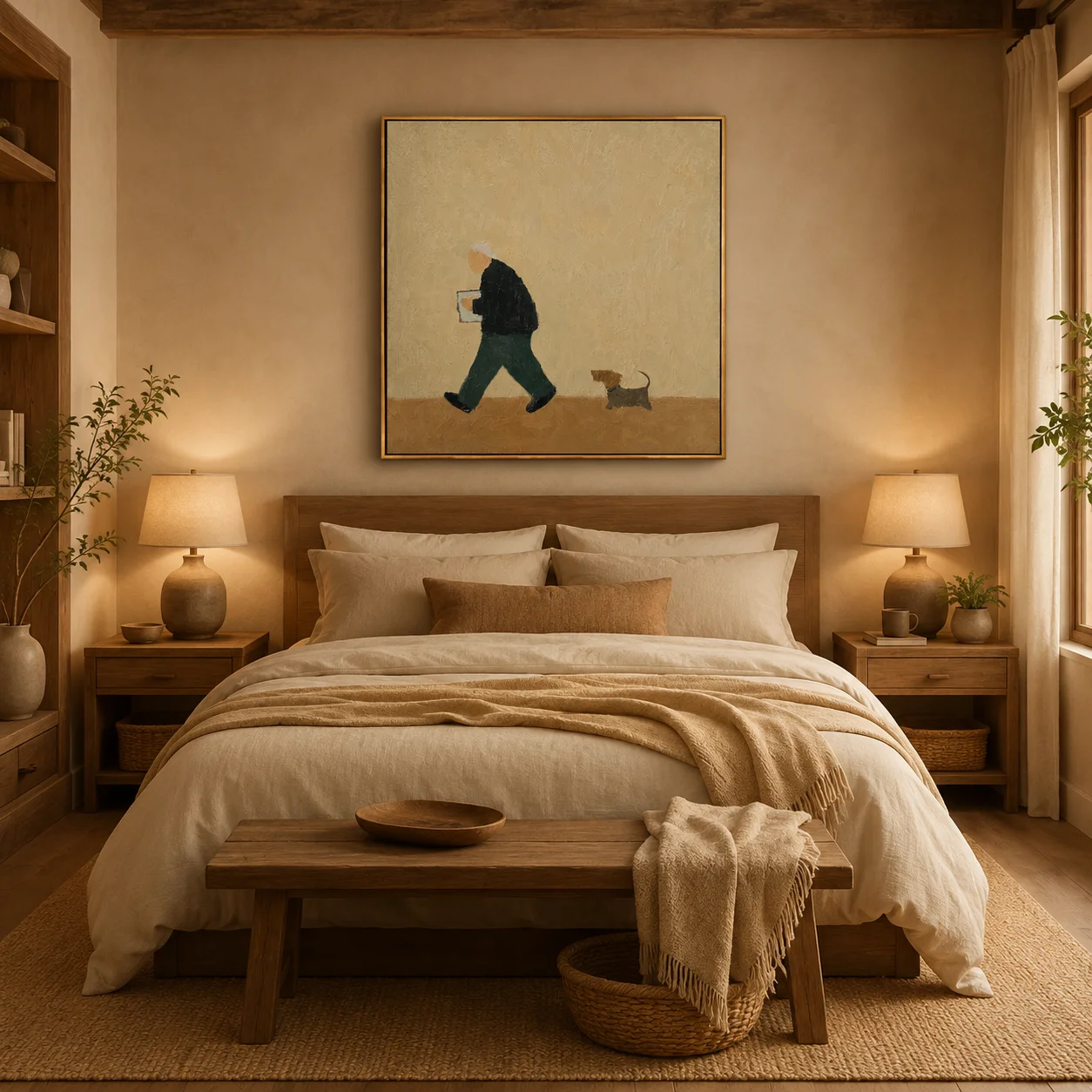 The Evening Reader – Quiet Beige Folk Man & Dog Portrait Painting | Minimalist Square Entryway Art for Bedroom, Living Room view 2