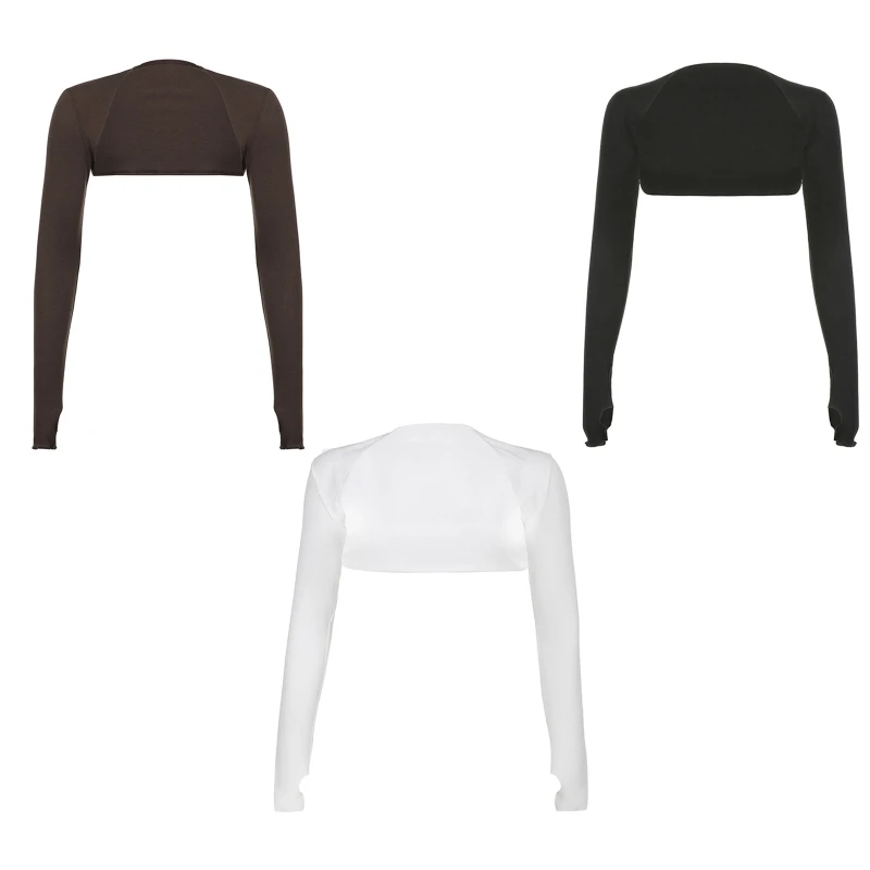 Women Thumbhole Long Sleeve Bolero Shrug Solid Color Open Front Cropped Cardigan Top Bodycon Slim Fit Sunscreen Jacket