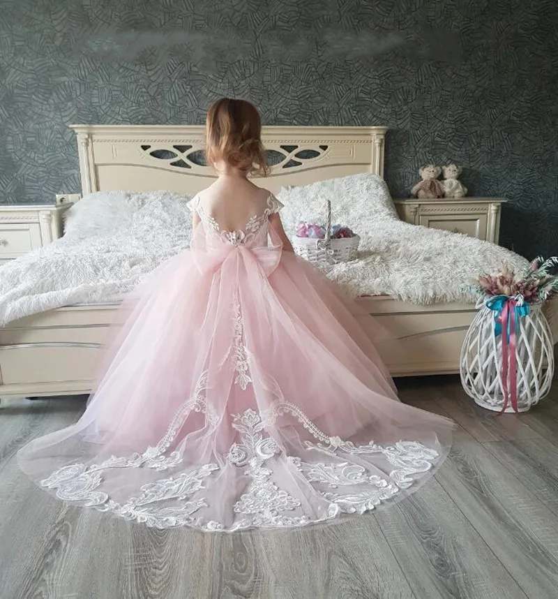 

2-14 Years Lace Tulle Flower Girls Dress Princess for Kid Child Wedding Party Juniorbridesmaid Pink Gown First Communion Dress