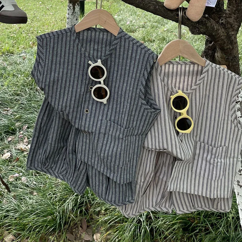 

MILANCEL New Summer Kids Clothes Set 2-7T Girls Vertical Stripes Sleeveless Shirt +Mid Length Pants Children Boys Loose Clothes