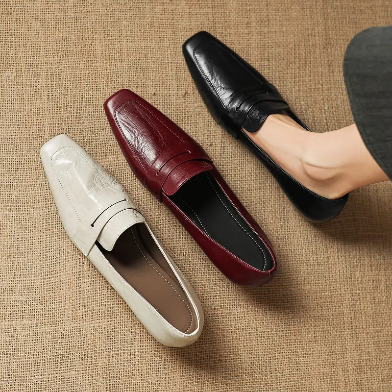 2026 spring autumn women pumps natural leather 22-25cm cowhide+sheepskin square toe height incresing women shoes fashion loafers