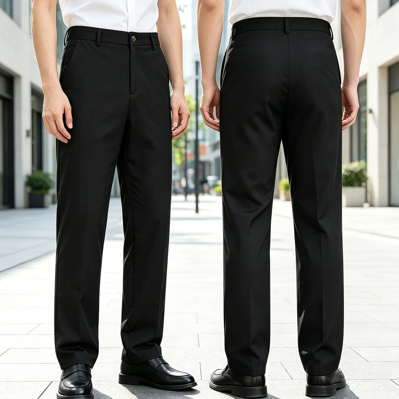 Mens Elastic Back Waist Straight Pants Flat Front Chino Trousers Solid Color Casual Work Office Bottoms