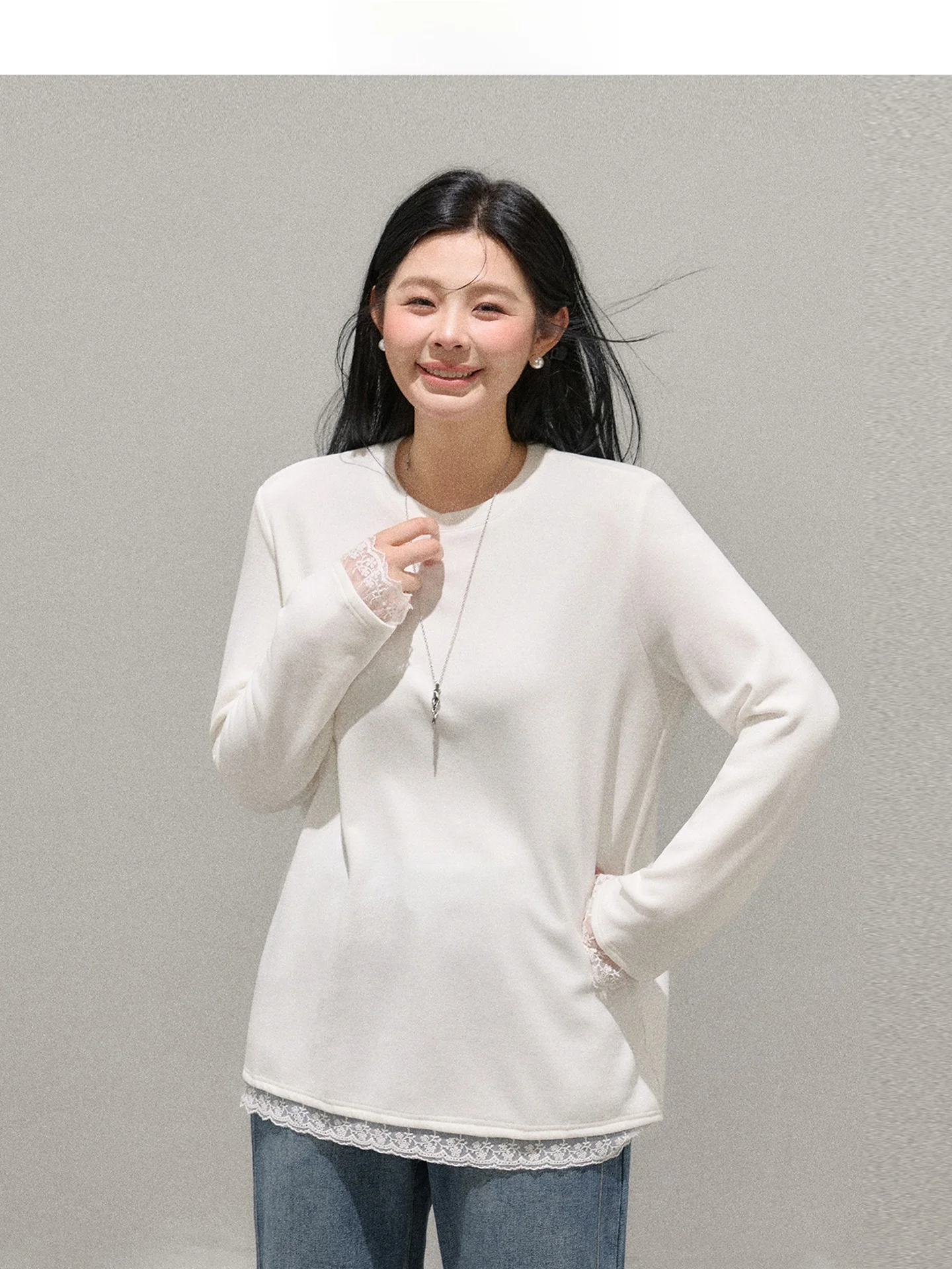 

Thiened round Ne Long Sve Lace Trim White Floral Print Top for Women Commute Sle Stand Fit Pure Color Autumn Winter