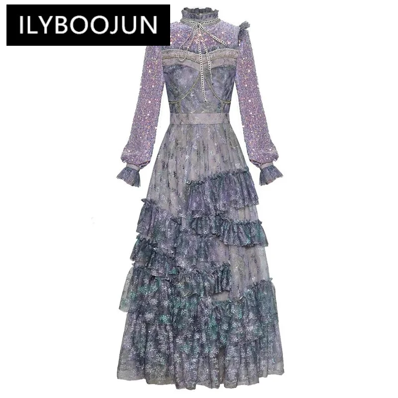 

ILYBOOJUN Fashion Designer Autumn Mesh Dress Women Stand Collar Lantern Sleeve Sequins Flower Print Vintage Party Midi Dresses