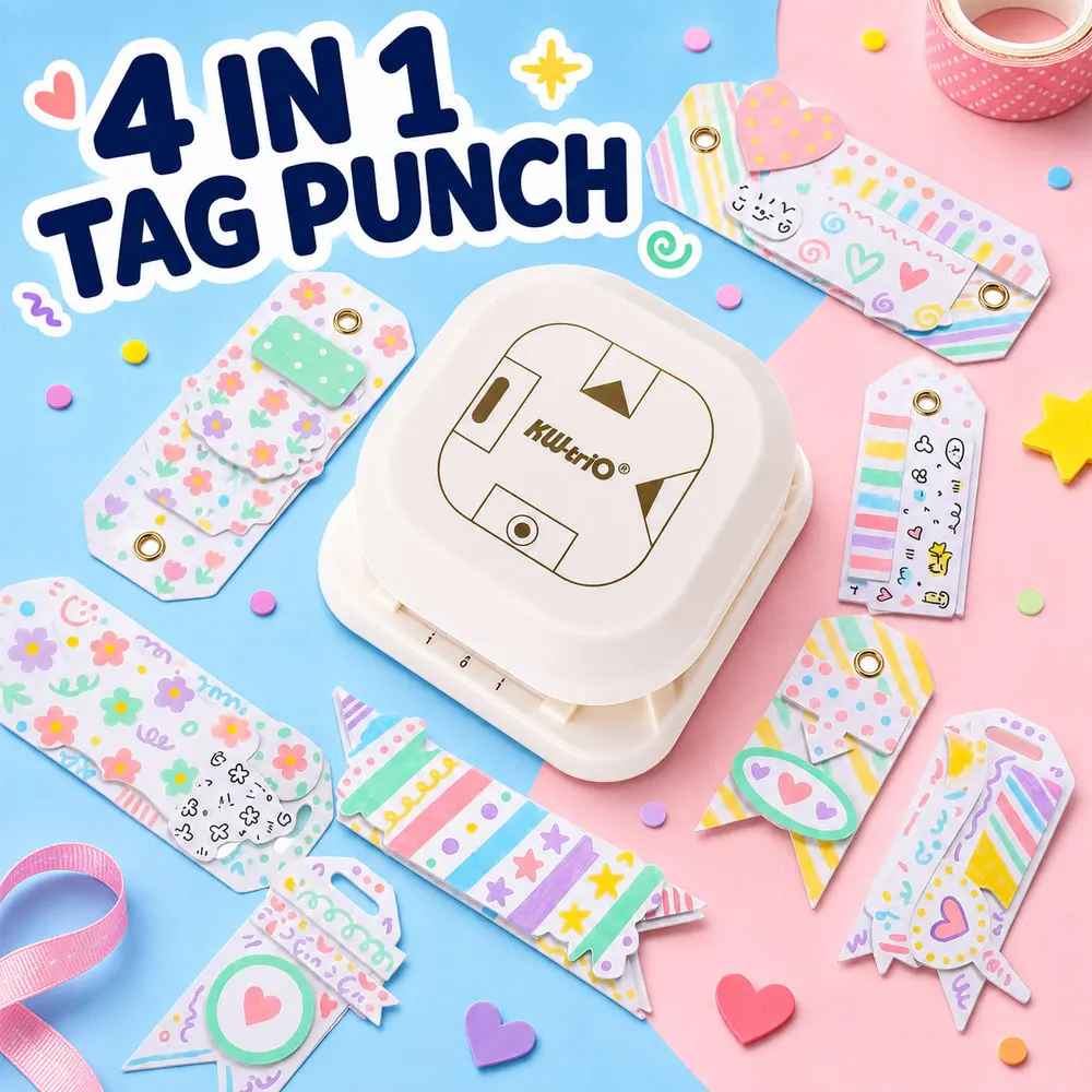 1pc 4-in-1 Craft Tag Punch, Plastic Body with Metal Dies, Easy Press & Scrap Catcher for Gift Tags, Cards, Scrapbooking & DIY
