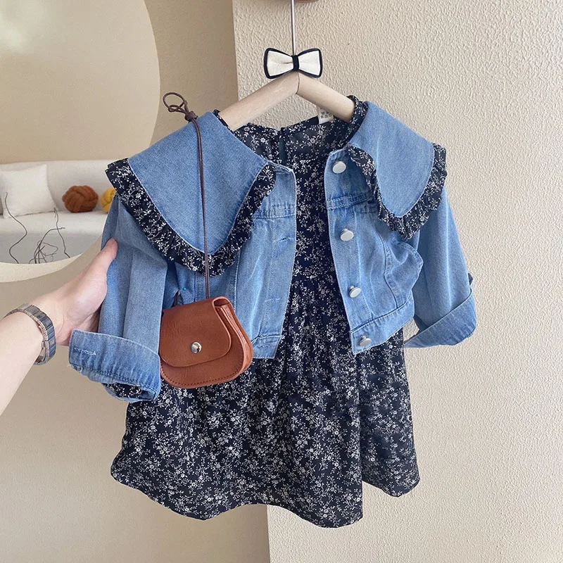 

2Pcs Dress for Girl Denim Jacket Coat Tops & Floral Dress Autumn Spring Fashion Princess Dress 2023 Fall Girls Clothing