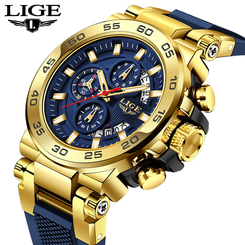 

LIGE 2025 лучшие мужские часы, роскошные хронографы с большим циферблатом и датой, водонепроницаемые кварцевые силиконовые спортивные часы, мужские часы relogios masculino