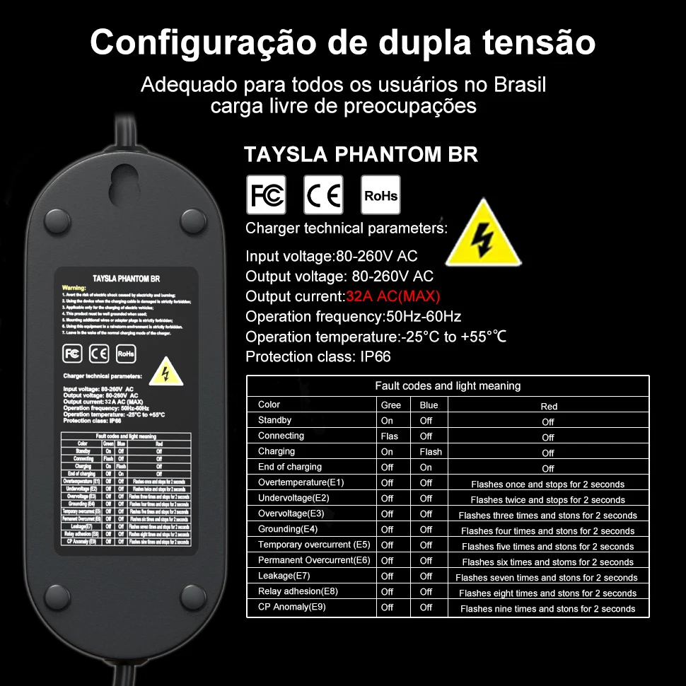 TAYSLA Carregador de veículo elétrico portátil Tipo 2 3.5KW 7KW Cabo de carregamento de veículo elétrico brasileiro Plug