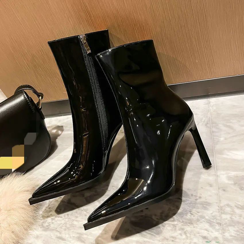 QUTAA 2027 Thin High Heels Women Ankle Boots Autumn Winter Genuine Leather Pointed Toe Shoes Woman Zipper Office Lady Size 34-39