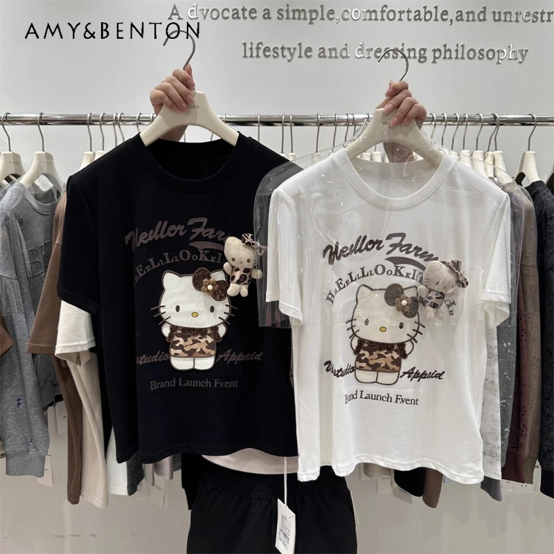 

O-neck Short Sleeved Kawaii Tees Women's Autumn Design Sense Three-Dimensional Cute Cartoon Cat Loose Age-Reducing Top Tshirts