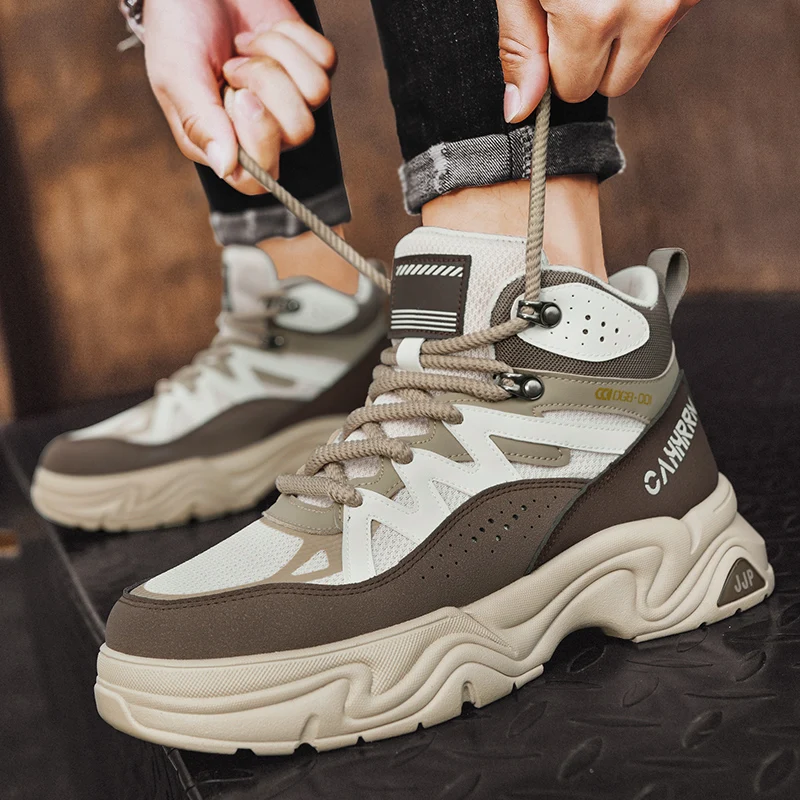 Fashion Boots for Men Outdoor Hiking Shoes Platform Sneakers Mid Top Lace Up Walking Shoes Thick Soled Anti Slip Casual Men Shoe