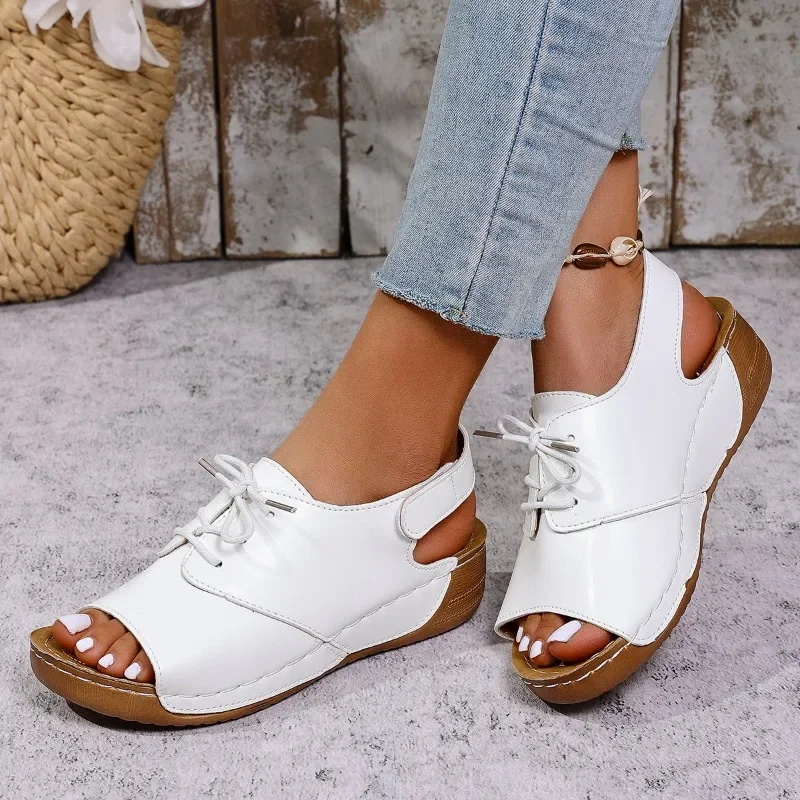 Zapatos de mujer 2025, gran oferta, sandalias de mujer con cordones delanteros, sandalias de moda con punta abierta, informales de verano de talla grande, nuevas y cómodas sandalias de cuña