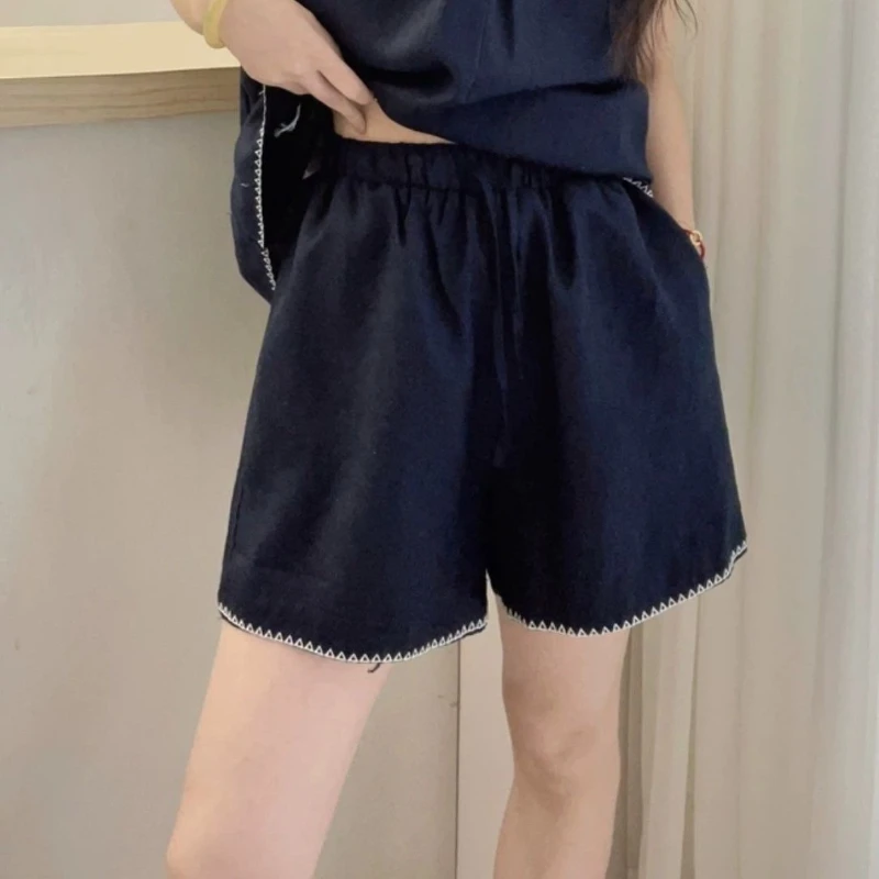 2026 Summer New Arrival European Market Women Fashion Linen Set Complete Outfit Embroidered Shorts Top Two Piece