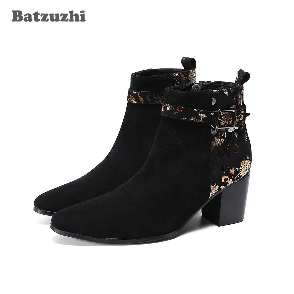 

Batzuzhi New Design 7.5cm High Heels Men Boots Shoes Pointed Toe Black Suede Leather Ankle Boots for Wedding & Party, Size 38-46