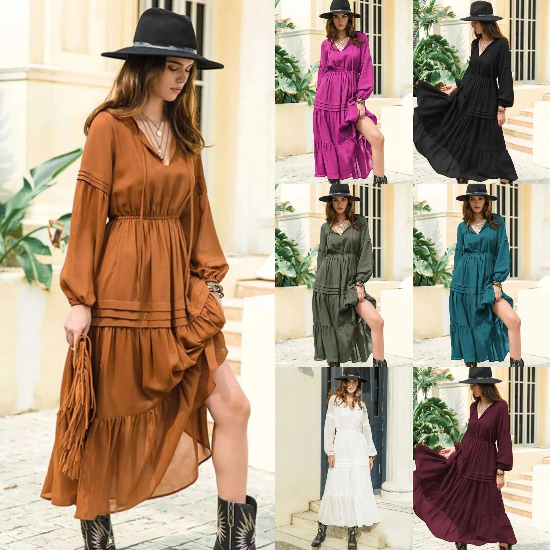 

Autumn 2023 Elegant Princess Style French Court Style Solid Color Tunneled Lantern Sleeves Drawstring Show Body A-line Dress