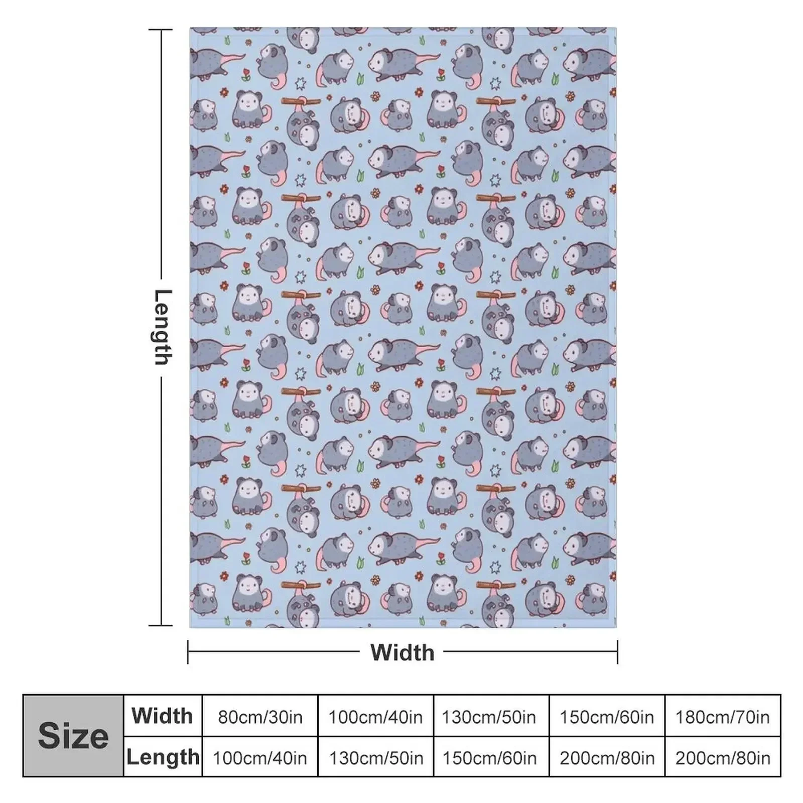 Cute opossum pattern in blue and grey colours, kawaii opossum Throw Blanket Personalized Gift funny gift Bed Blankets