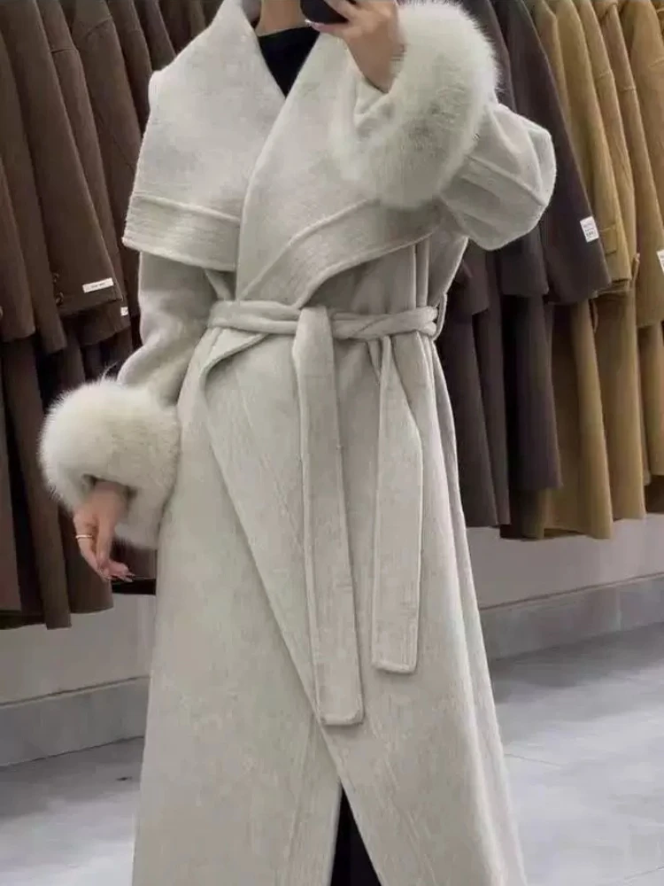 Women Longline Wool Coat Faux Fur Cuff Shawl Collar Belted Wrap Coat Solid Color Oversized Warm Autumn Winter Ladies Outerwear