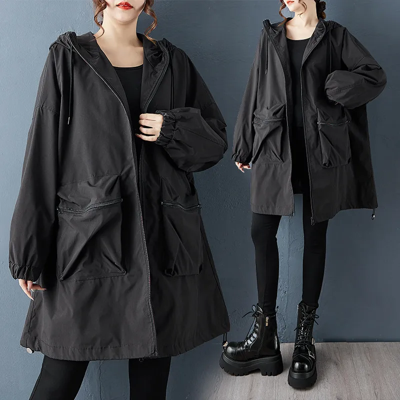 

SuperAen Spring 2026 New Loose Waist Korean-style Fashion Three-Dimensional Large-Pocket Patched Hooded Casual Mid-Length Coats