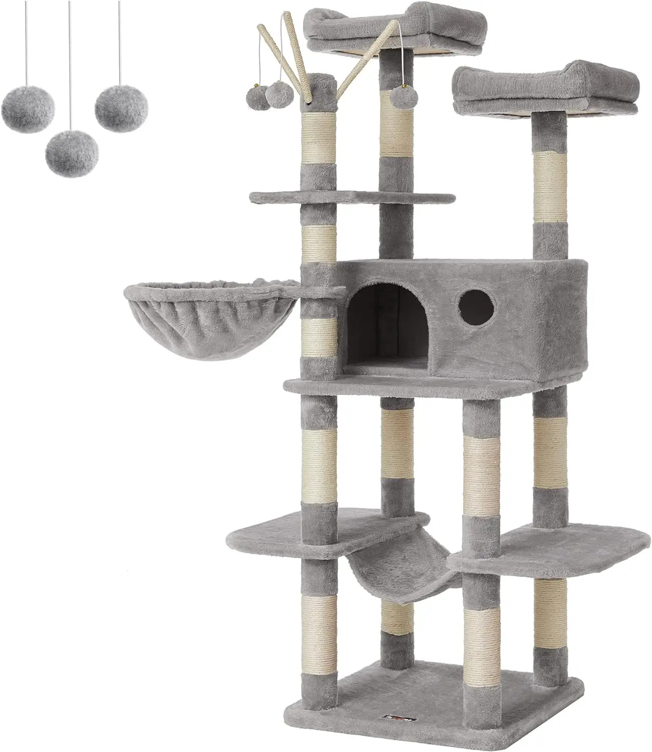 

Large Cat Tower, 64.6 Inches, Activity Center with Hammock, Basket, Removable Fur Ball Sticks