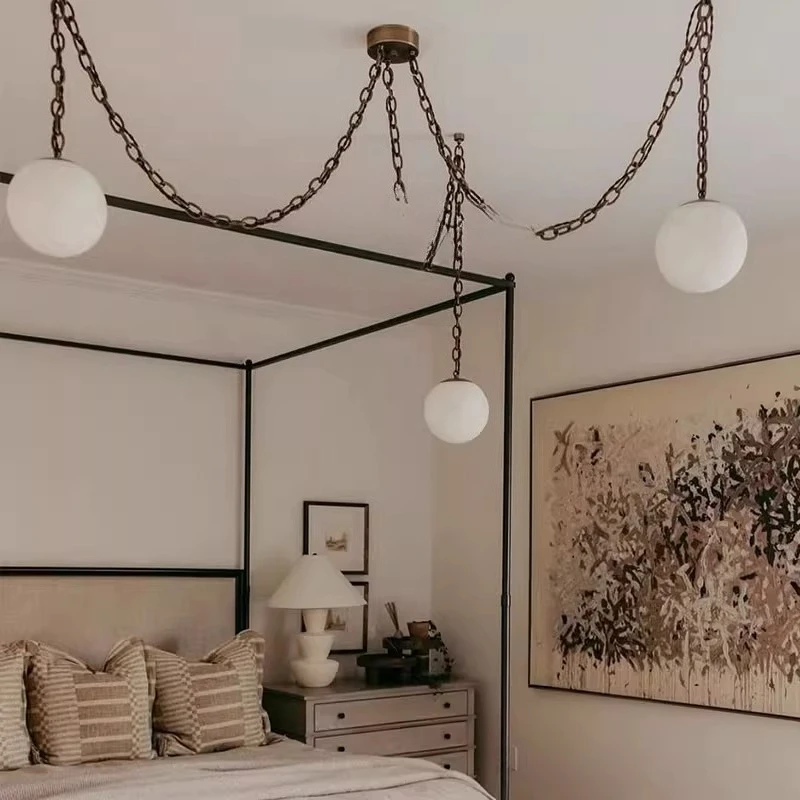French Retro Round Ball Marble Pendant Lights Bedroom Restaurant Dining Table Living Room Combination Design Marble Ceiling Lamp