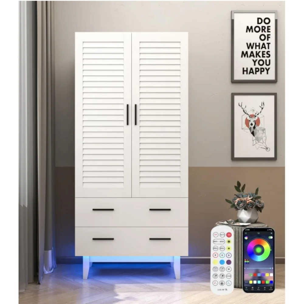 ארון ארון בגדים עם מגירות ותאורת LED, מדפים מרובי קומות, מקל תלוי 2 דלתות31.5Dx19.7Wx70.8H