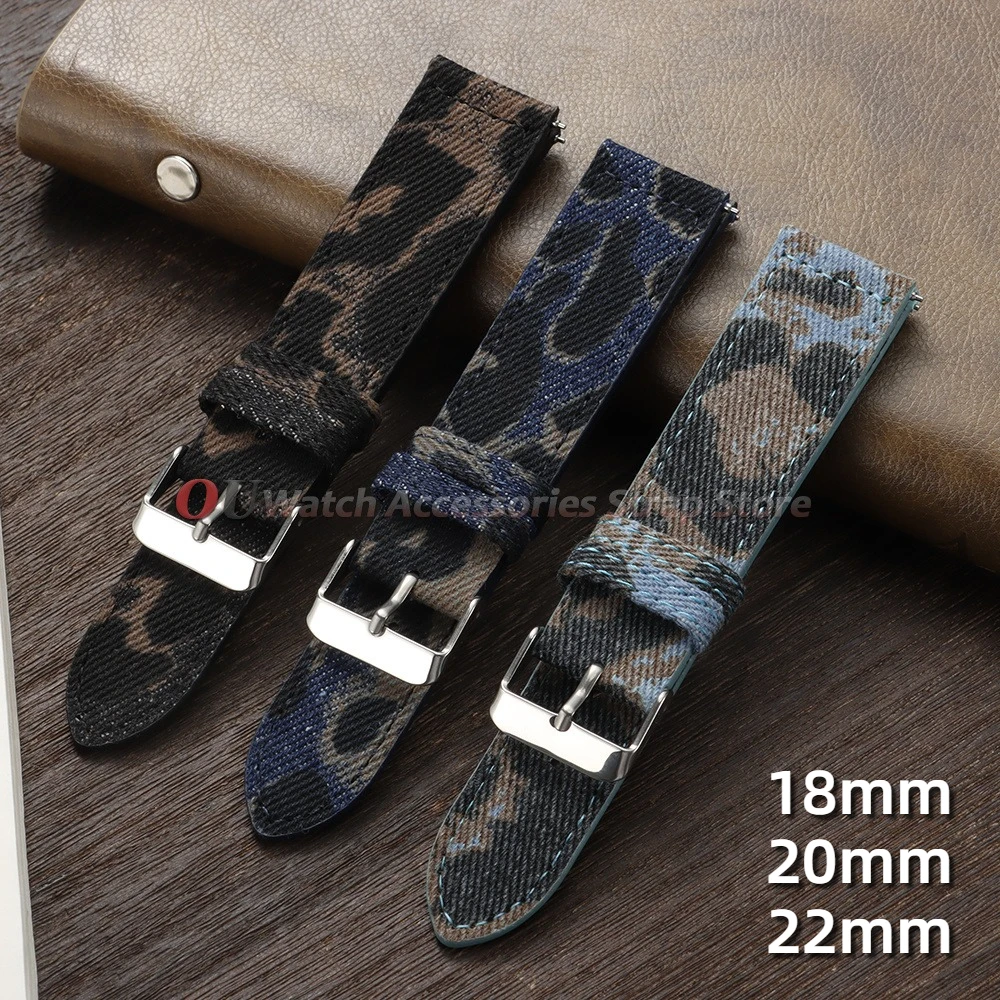 18mm 20mm 22mm Retro Denim Leopard Print Leather Watch Strap Quick Release Watch Band Universal Replacement Watchbands Men Belt