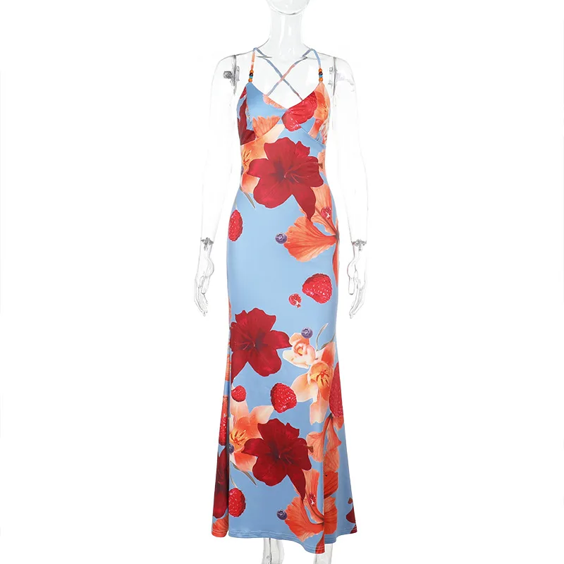 Monos De Mujer Elegante En Oferta Abito da donna con stampa floreale Cami senza maniche con cinturino per spaghetti con scollo a V sul retro Abito lungo sottile incrociato