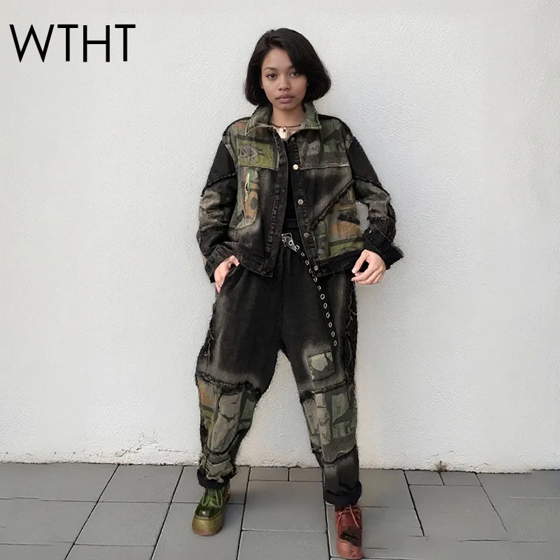 

WTHT Trendy Vintage Women's Patchwork Wash Denim Long Sleeves Jacket Elastic High Waist Harem Jeans Female 2025 Autumn 1LS2260