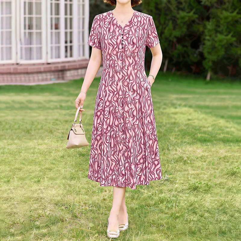 Sommerliches Blumenkleid mit V-Ausschnitt, Midi-Länge, Boho-Mode, leichtes Strandkleid, elegantes, figurbetontes Freizeitkleid