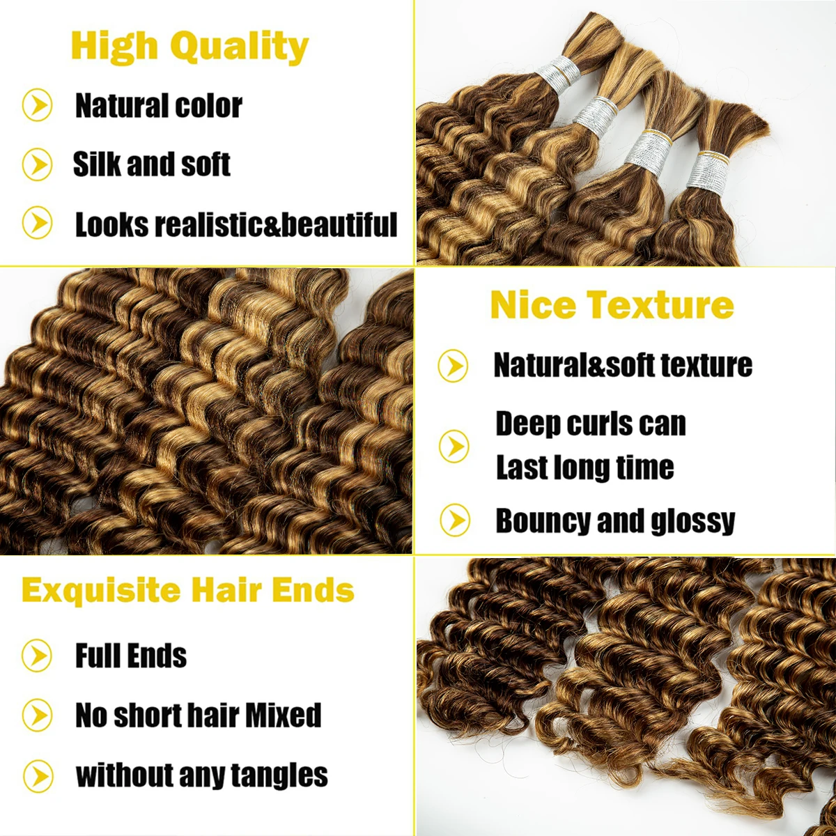 Bundles de cheveux humains Deep Wave pour femmes, Extensions de cheveux, Sans trame, Ombre Blonde, Highlight Bulk, Tressage, 4 27