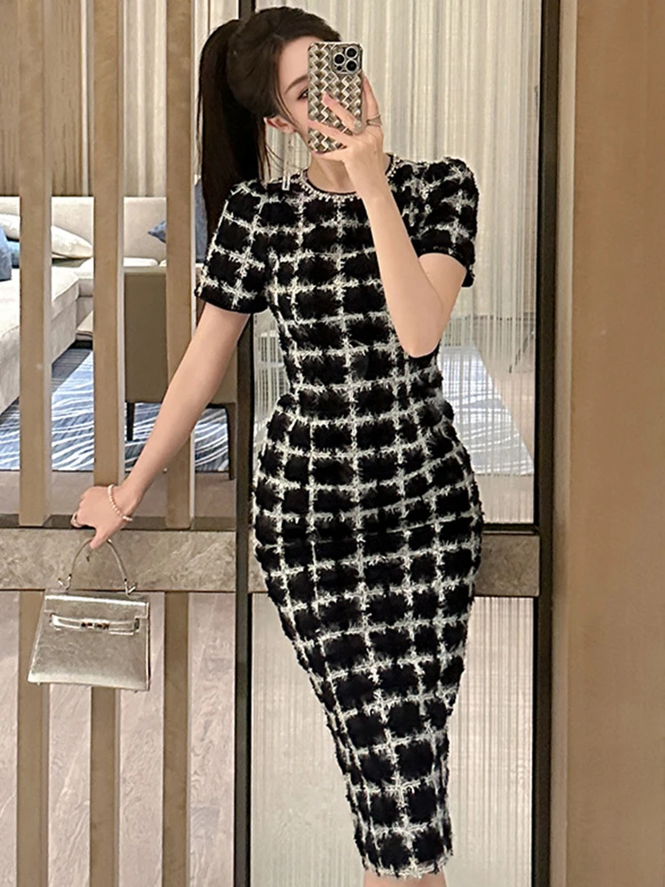 Robe de Banquet classique française pour femmes, exquise, noir et blanc, Patchwork de diamants, moulante, fête de bal, mi-longue