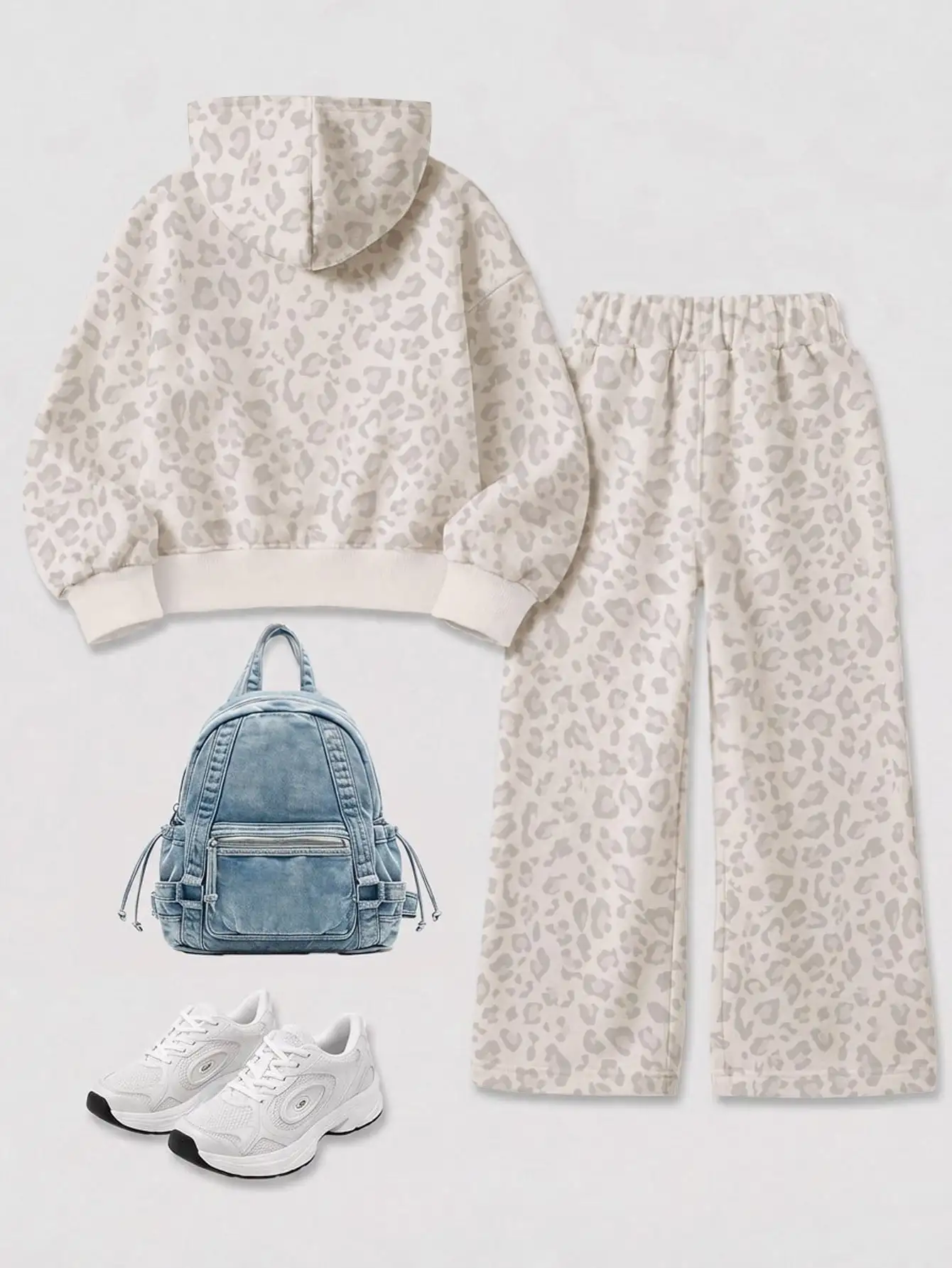 Vintage Fashion Light Gray Leopard Print Y2K, Girls Casual Comfortable Hoodie & Loose Sweatpants Set Suitable For Autumn/Winter Daily, Holiday, Outing, Campus, Sports, Street Chill Chill, Autumn/Winter New, American High Street, Sweet Cool Lazy
