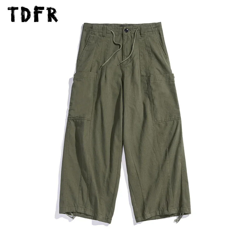 Multi-Pocket Cargo Pants Mens Safari Style Solid Color Casual Pants Loose Drawstring Wide Leg Pants Men Trousers