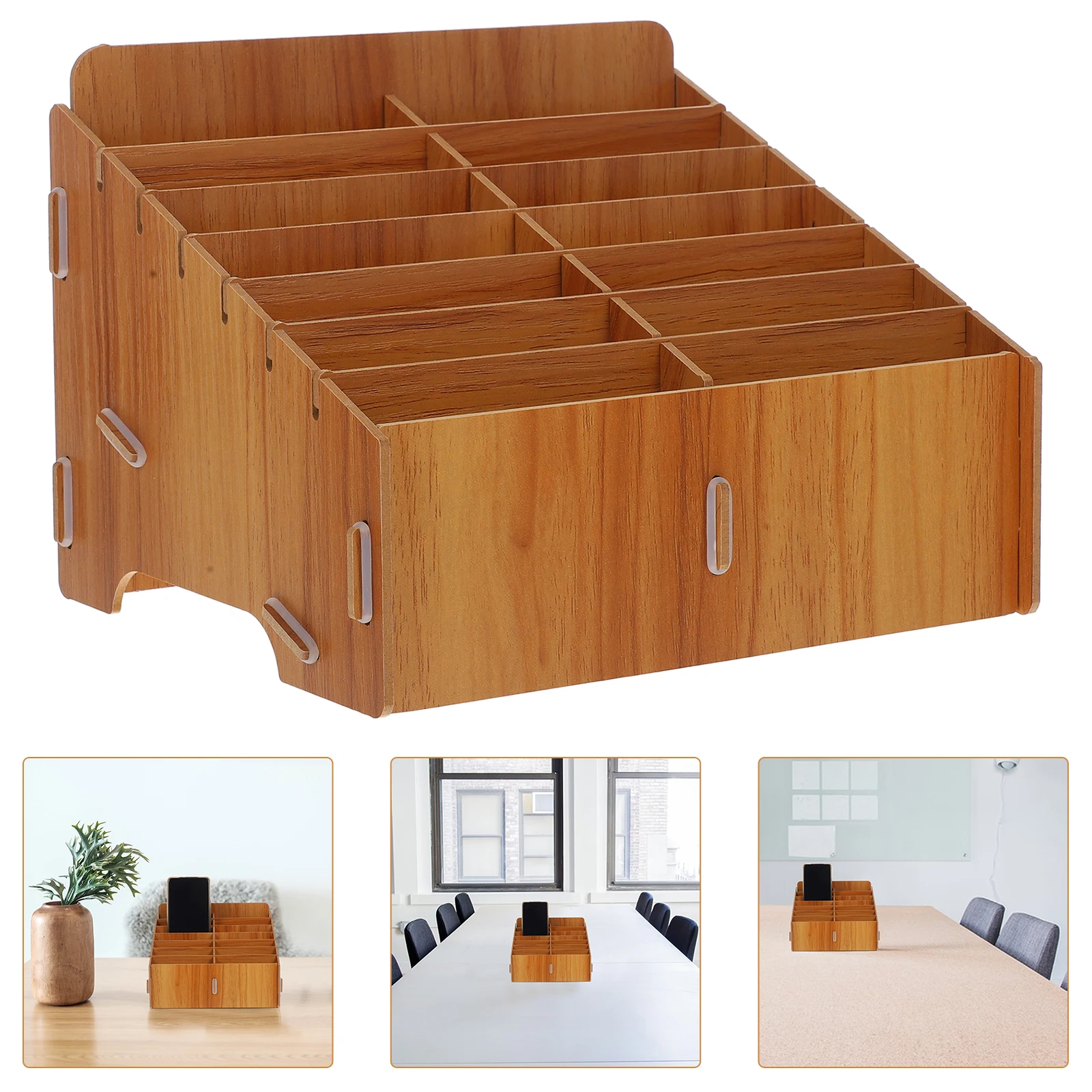 

Office Accessories Storage Box Desktop Phone Holder Classroom Organizer Grid Mobile Rack Brown Wooden Display Box for Office