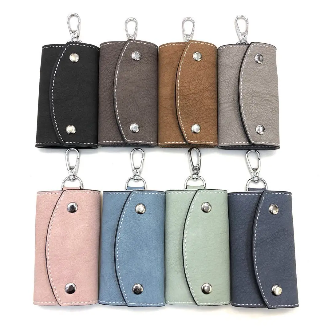 Fashion Leather Keychain Case Wallet with 6 Hooks Button Closure Bifold Car Key Holder Organizer Pouch Housekeeper Key Bags